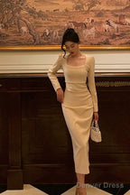 Stunning Sheath Square Neckline Long Sleeves Date Night Dress Prom Dresses Birthday Party Outfit