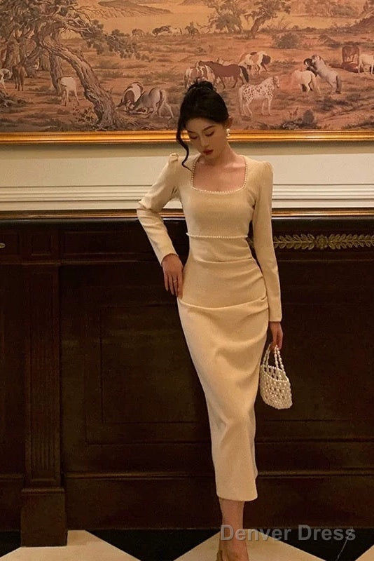 Stunning Sheath Square Neckline Long Sleeves Date Night Dress Prom Dresses Birthday Prom Outfit
