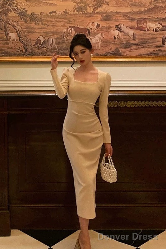 Stunning Sheath Square Neckline Long Sleeves Date Night Dress Prom Dresses Birthday Party Outfit
