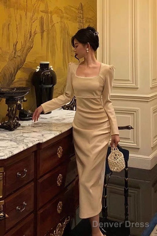 Stunning Sheath Square Neckline Long Sleeves Date Night Dress Prom Dresses Birthday Party Outfit