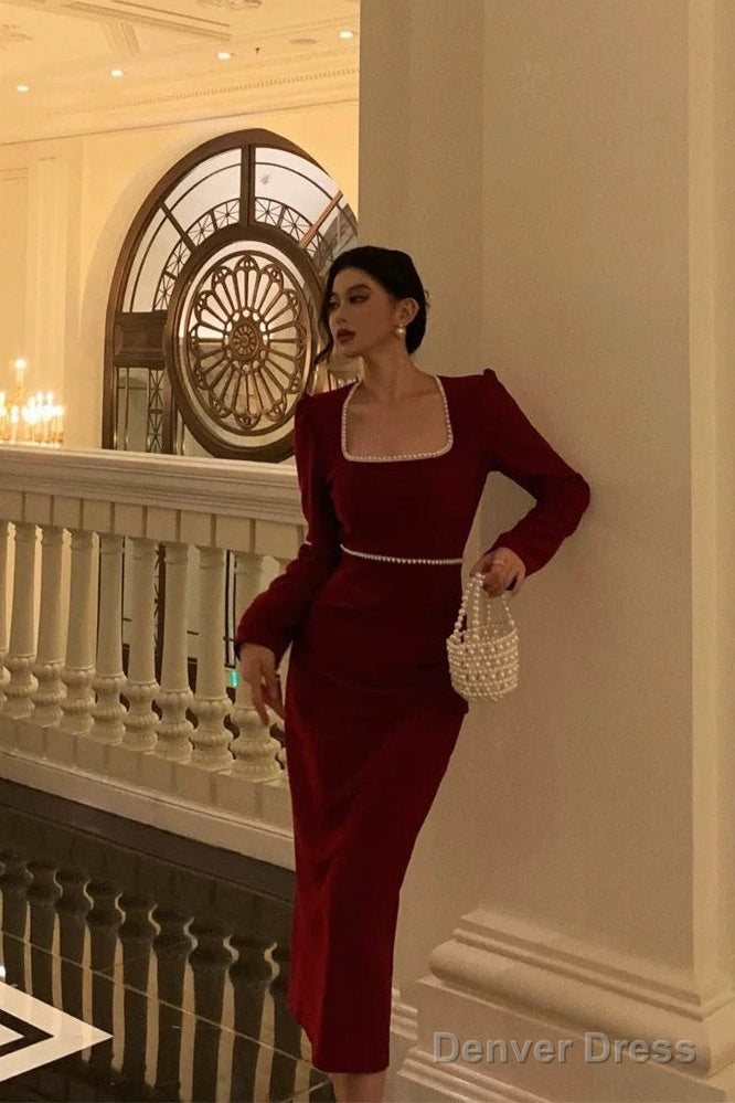 Stunning Sheath Square Neckline Long Sleeves Date Night Dress Red Prom Dresses Birthday Outfit