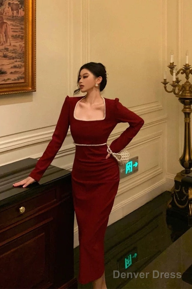 Stunning Sheath Square Neckline Long Sleeves Date Night Dress Red Prom Dresses Birthday Outfit