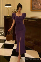 Stunning Sheath Square Neckline Short Sleeves Date Night Dress Grape Prom Dresses Birthday Outfit