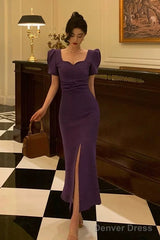 Stunning Sheath Square Neckline Short Sleeves Date Night Dress Grape Prom Dresses Birthday Outfit