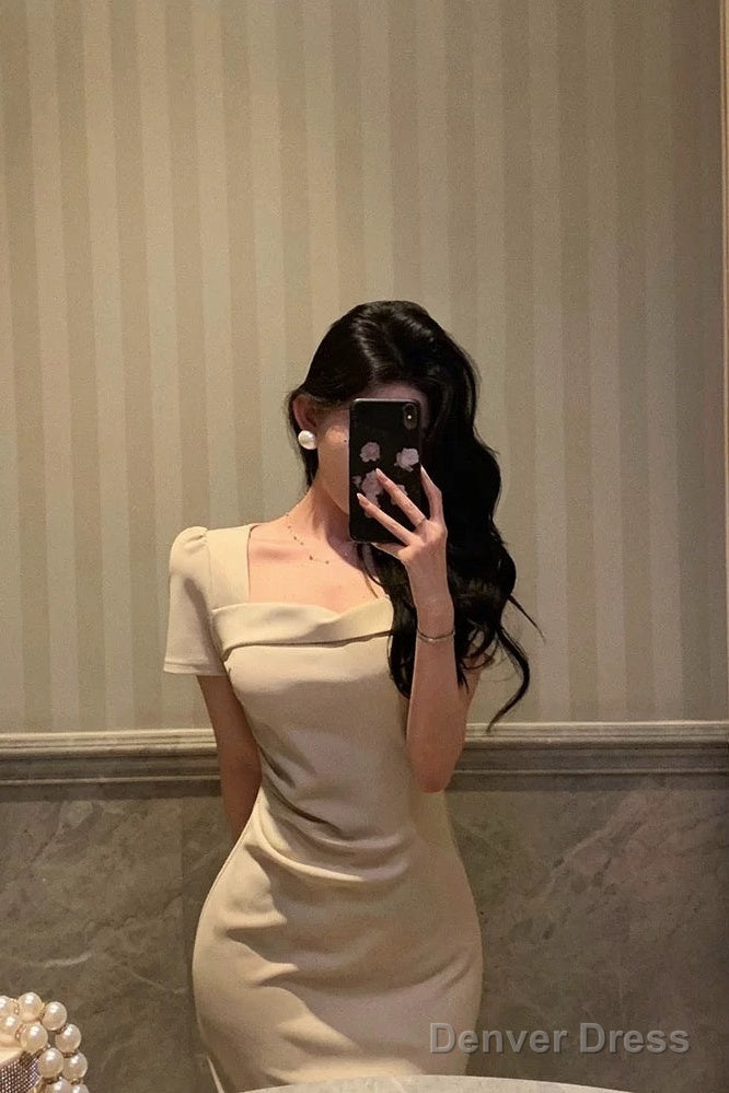 Stunning Sheath Square Neckline Short Sleeves Date Night Dress Prom Dresses Birthday Party Outfit