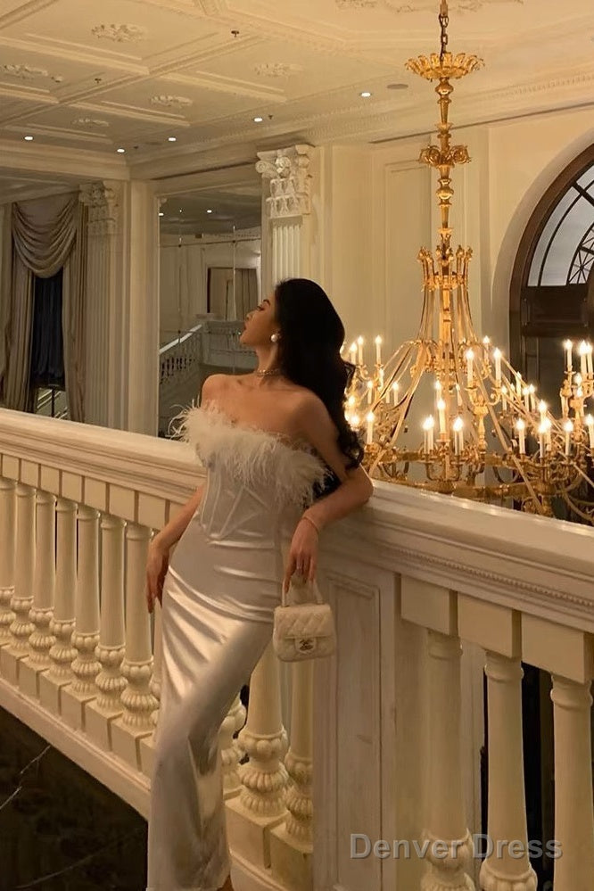 Stunning Sheath Strapless White Feather Date Night Dress Prom Dresses Birthday Outfit