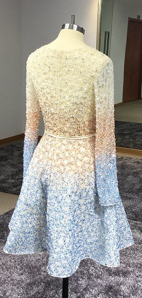 Stunning Sparkly Beading Sequin Long Sleeve V-Neck Homecoming Dresses Secondary image