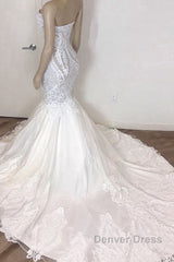 Stunning Strapless Mermaid White Beach Wedding Dresses Modern Low Back Bridal Gowns on Sale