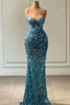Stunning Sweetheart Blue Mermaid Prom Dresses Long With Sequins Beads