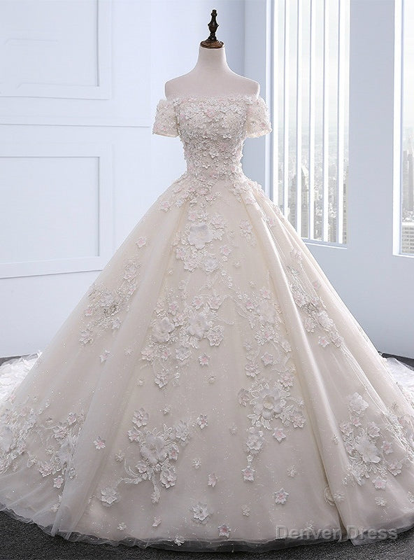 Stunning Unique Boat Neck Ball Gowns Wedding Dresses Long Train With Flowers Beading