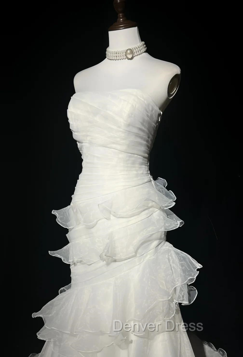 Stunning White Strapless Mermaid Organza Long Prom Dresses Simple Wedding Dresses Secondary image