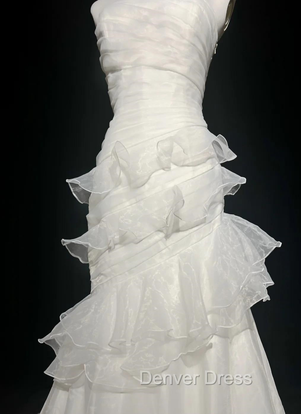 Stunning White Strapless Mermaid Organza Long Prom Dress Simple Wedding Dresses
