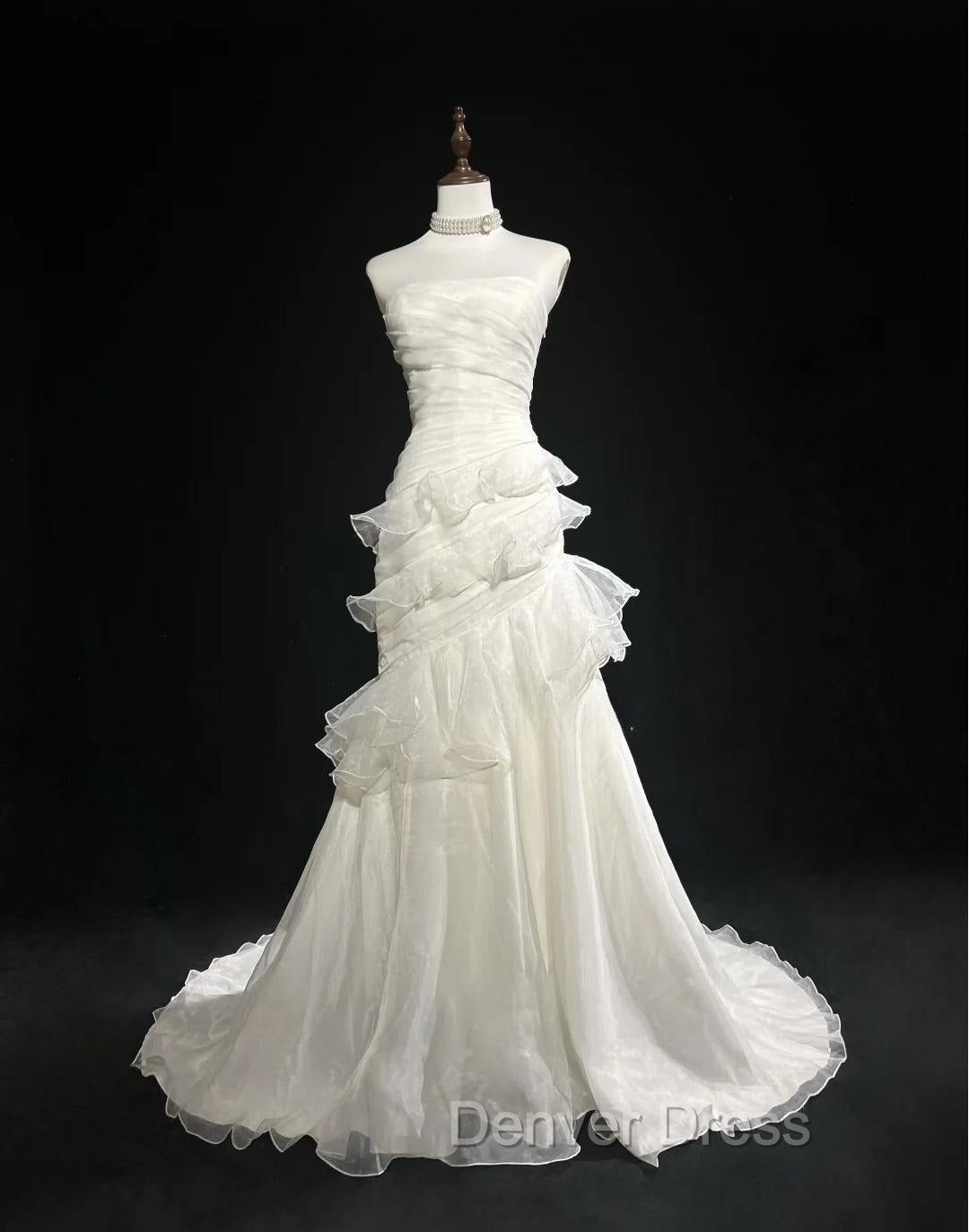 Stunning White Strapless Mermaid Organza Long Prom Dress Simple Wedding Dresses