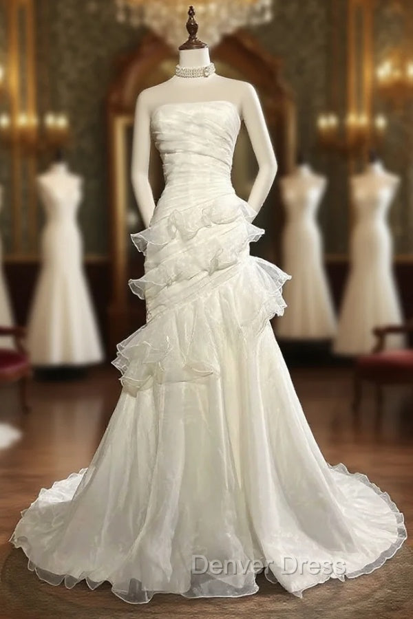 Stunning White Strapless Mermaid Organza Long Prom Dress Simple Wedding Dresses Main image