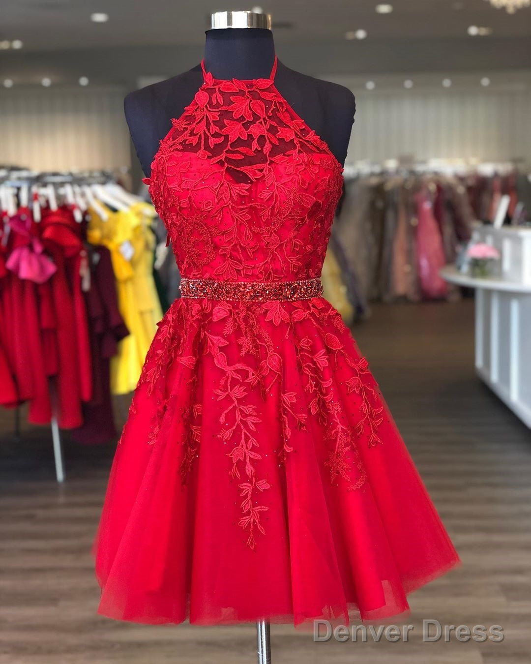 Stylish A Line Halter Red Short Homecoming Dresses With Appliques Main image