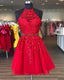 Stylish A Line Halter Red Short Homecoming Dresses With Appliques