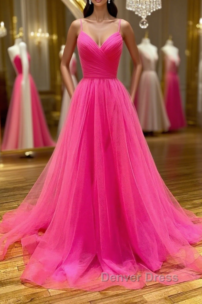 Stylish A Line V Neck Backless Hot Pink Long Prom Dress, Backless Hot Pink Prom Graduation Prom Dresses Main image