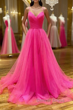 Stylish A Line V Neck Backless Hot Pink Long Prom Dress, Backless Hot Pink Prom Graduation Prom Dresses