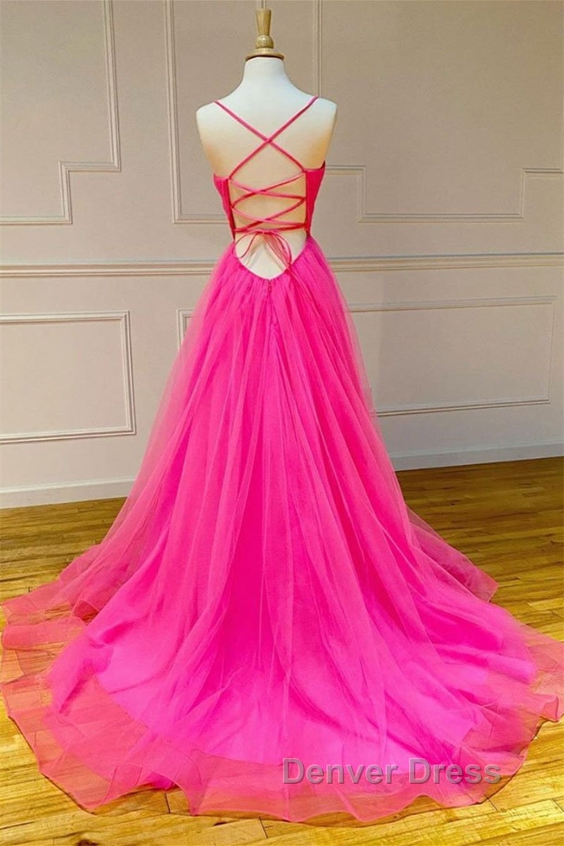 Stylish A Line V Neck Backless Hot Pink Long Prom Dress, Backless Hot Pink Prom Graduation Prom Dresses Secondary image