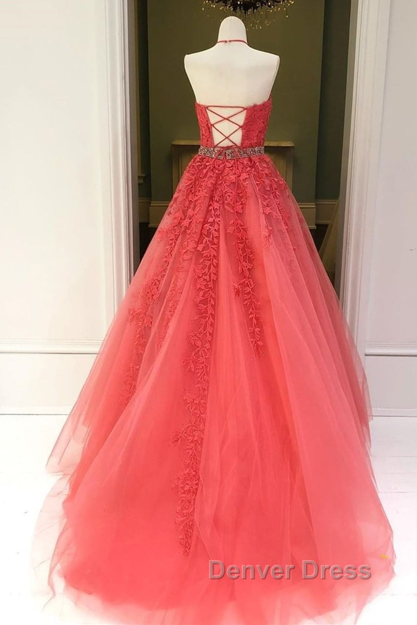 Stylish Backless Coral Lace Long Prom Dress, Coral Lace Prom Graduation Prom Dresses