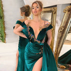 Green Luxury Gorgeous Fashion Beaded Decoration Deep V Neck Long Slit Floor Length Prom Gowns Ball Gowns