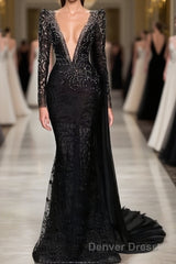 Stylish Black A-line Mermaid Evening Dresses Deep V-Neck Beadings Long Sleeves Prom Dresses