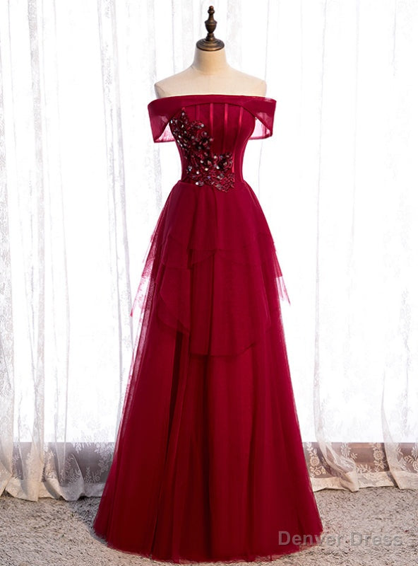Stylish Burgundy Tulle Off the Shoulder Appliques Beading Prom Dress Main image