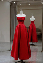 Stylish Red Satin Backless Pleated A Line Prom Gowns Prom Dresses