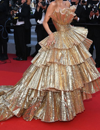 Stylish Golden Tiered Ball Gowns Long Prom Dresses