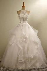 Stylish Halter Floor-Length Organza Wedding Dress With Appliques Beading