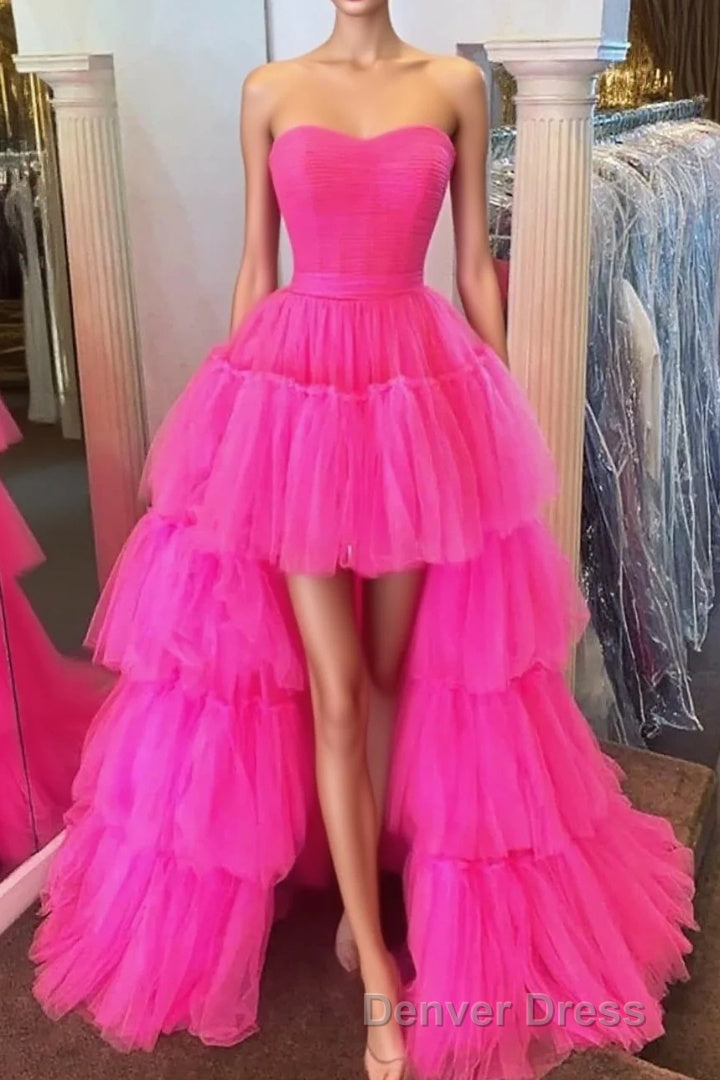 Stylish High Low Strapless Fuchsia Prom Dresses with Ruffles Main image