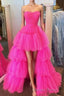 Stylish High Low Strapless Fuchsia Prom Dresses with Ruffles