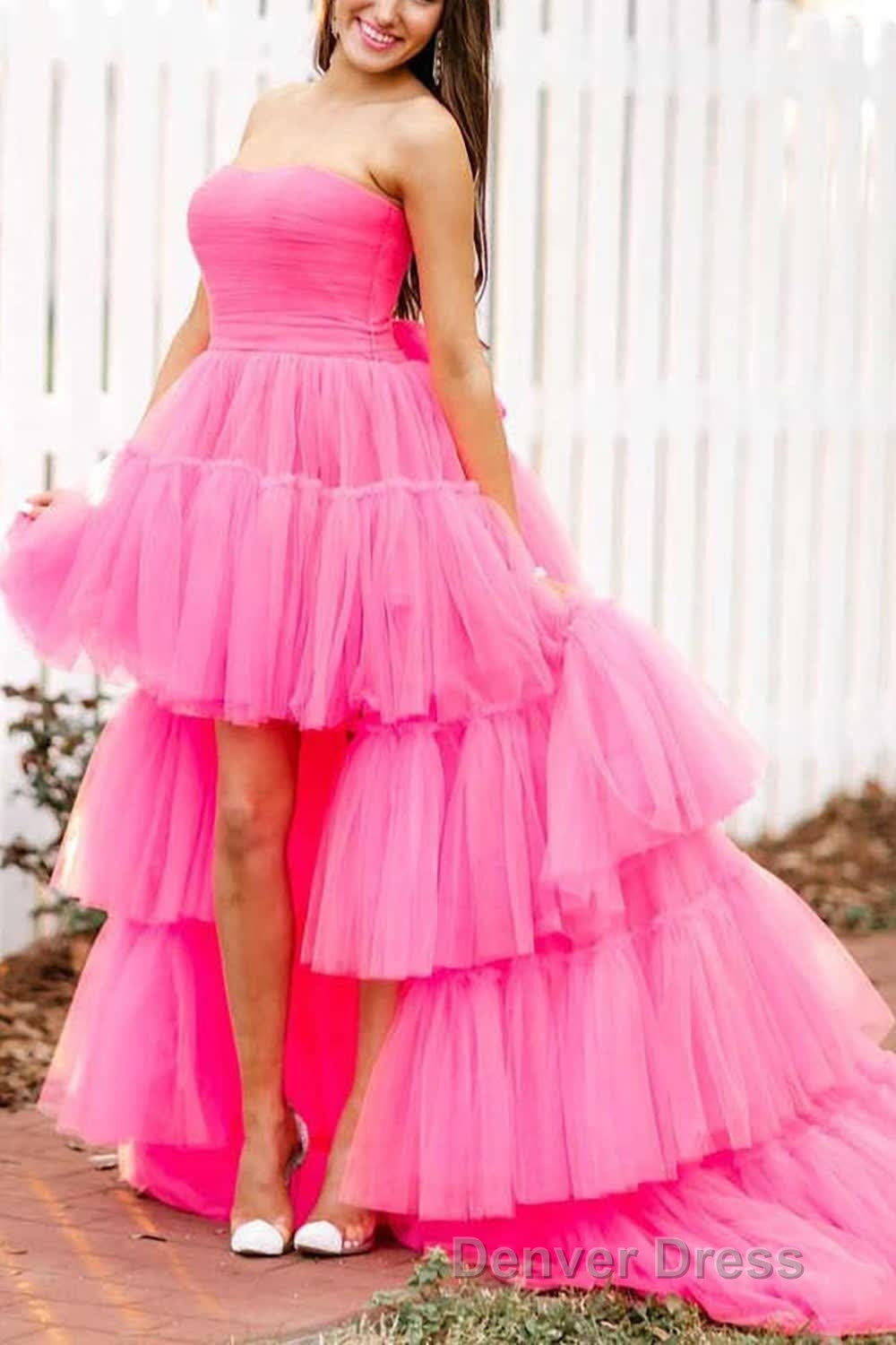 Stylish High Low Strapless Fuchsia Prom Dresses with Ruffles Secondary image