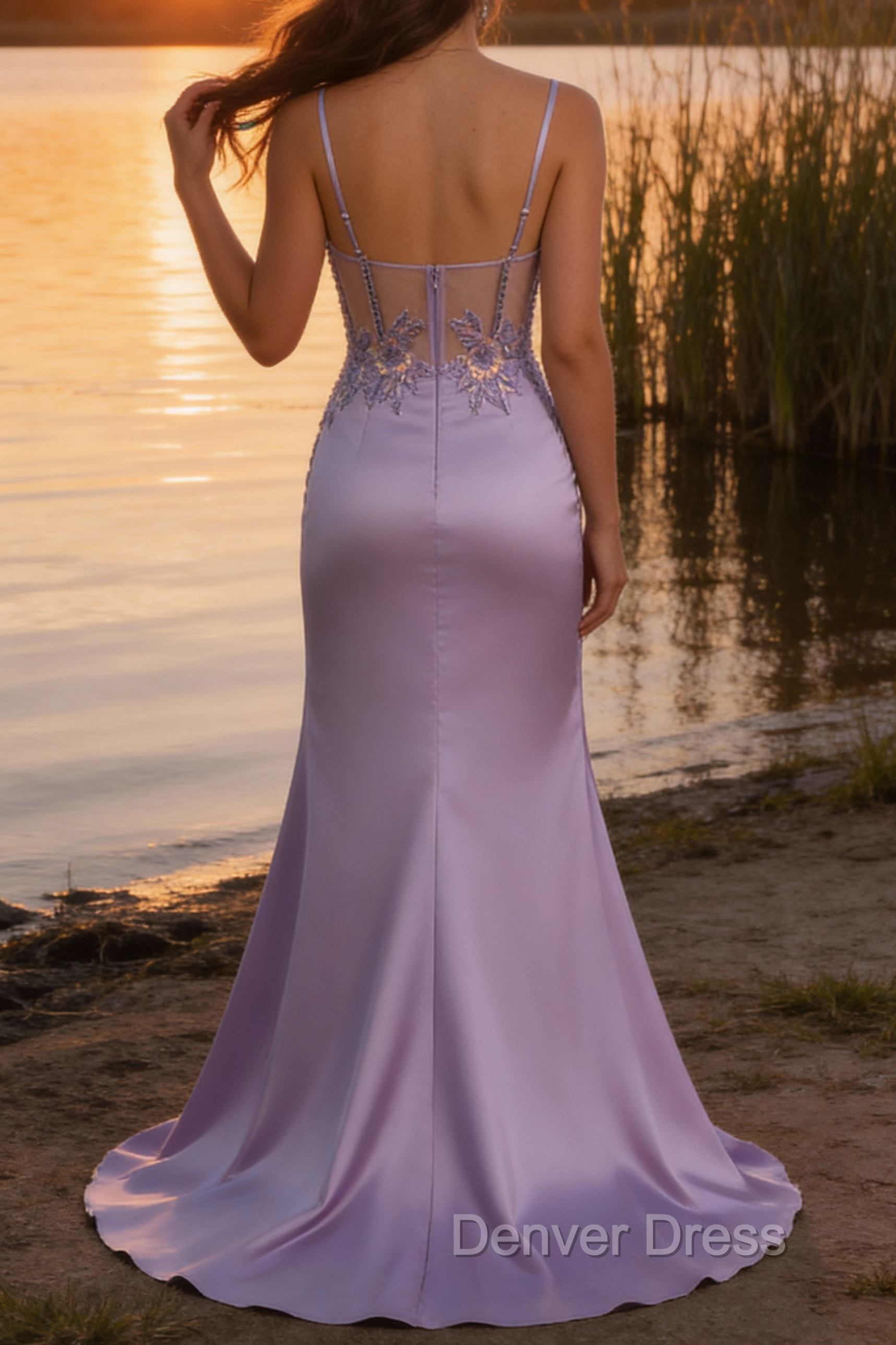 Stylish Lilac Mermaid Pleated Sequin Corset Long Prom Dresses With Slit Main image
