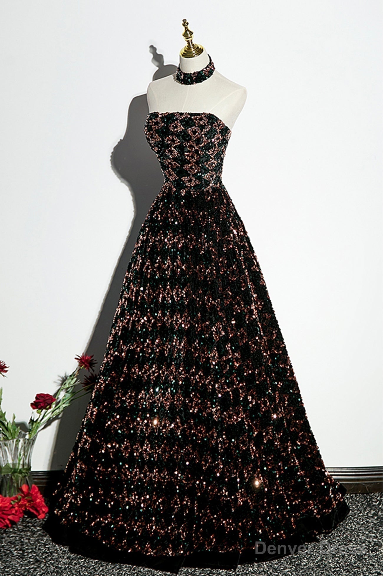 Stylish Sequins Long A Line Prom Dress, Shiny Strapless Prom Dresses