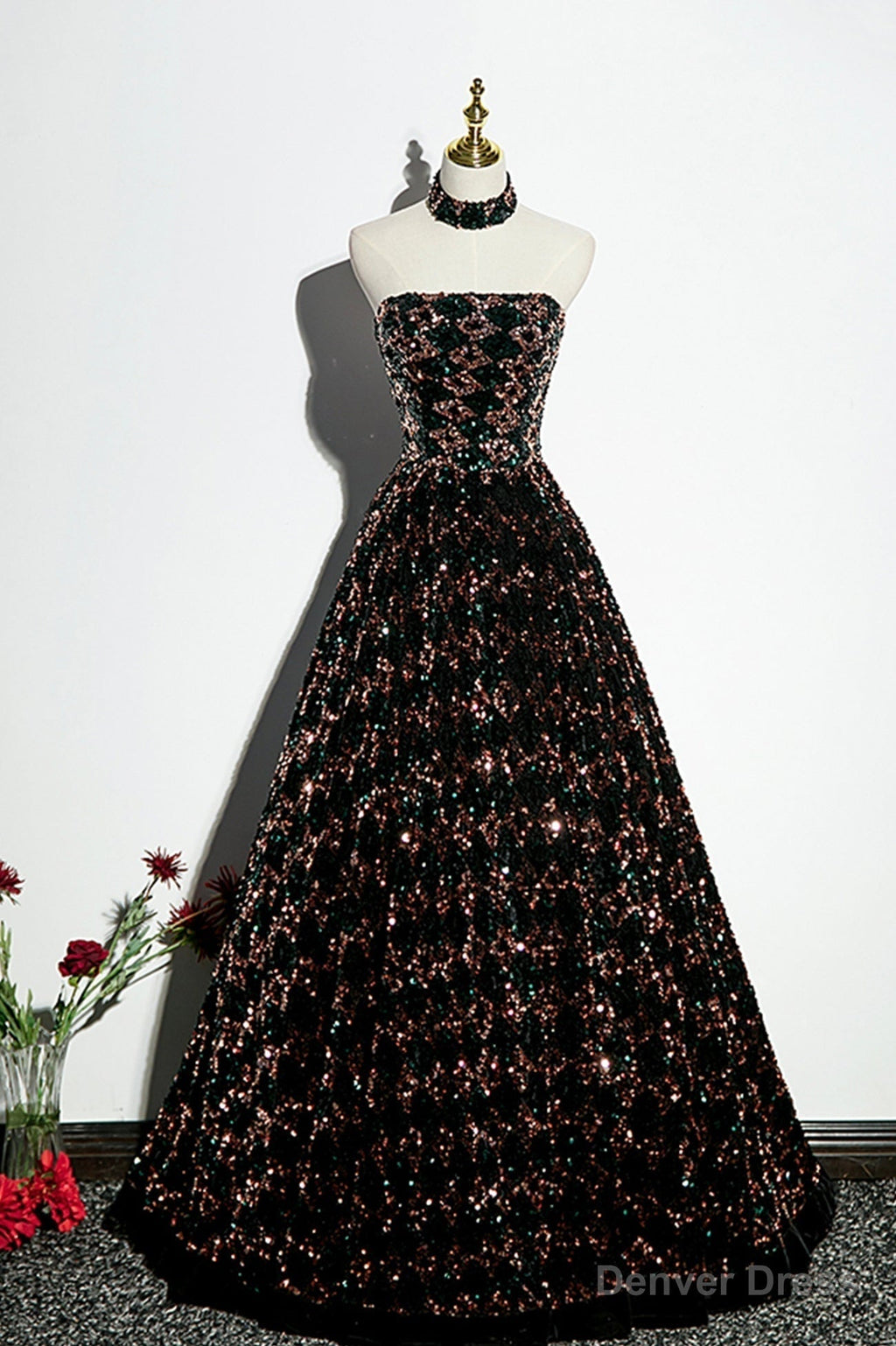 Stylish Sequins Long A Line Prom Dress, Shiny Strapless Prom Dresses