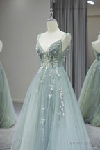 Stylish Spaghetti Strap Tulle Floor Length Prom Dress, Gray Green V Neck Backless Prom Dresses