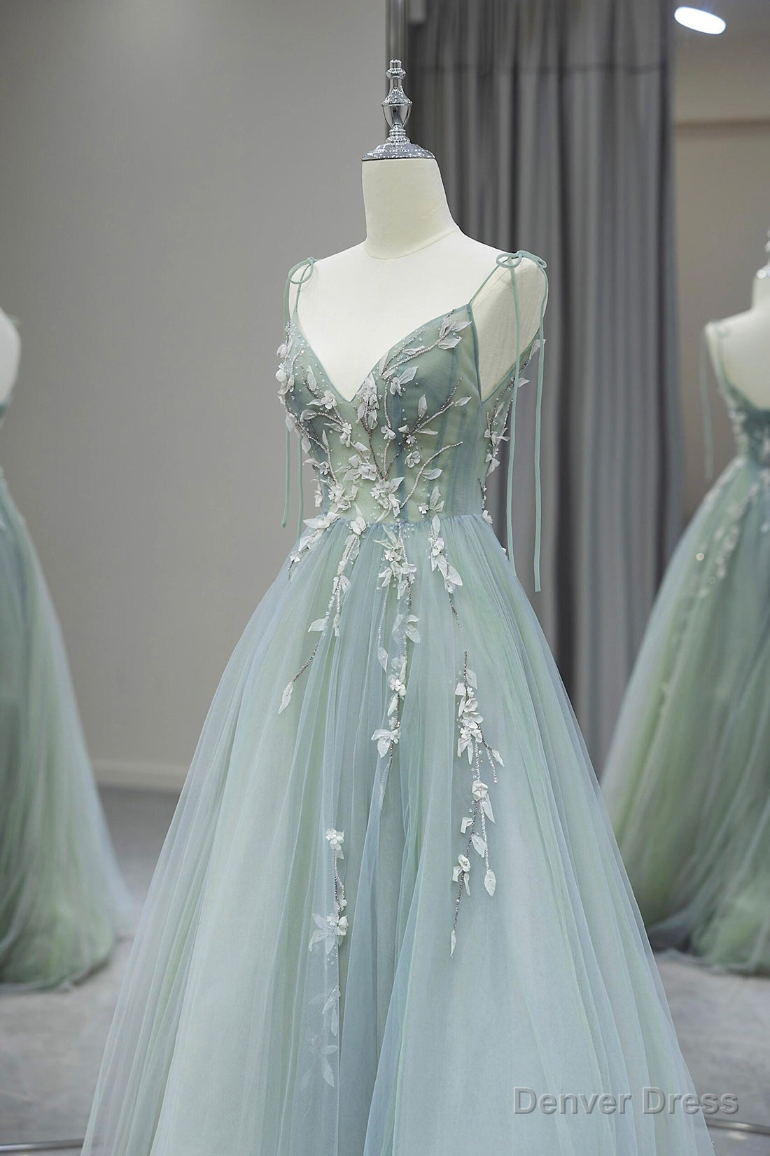 Stylish Spaghetti Strap Tulle Floor Length Prom Dress, Gray Green V Neck Backless Prom Dresses