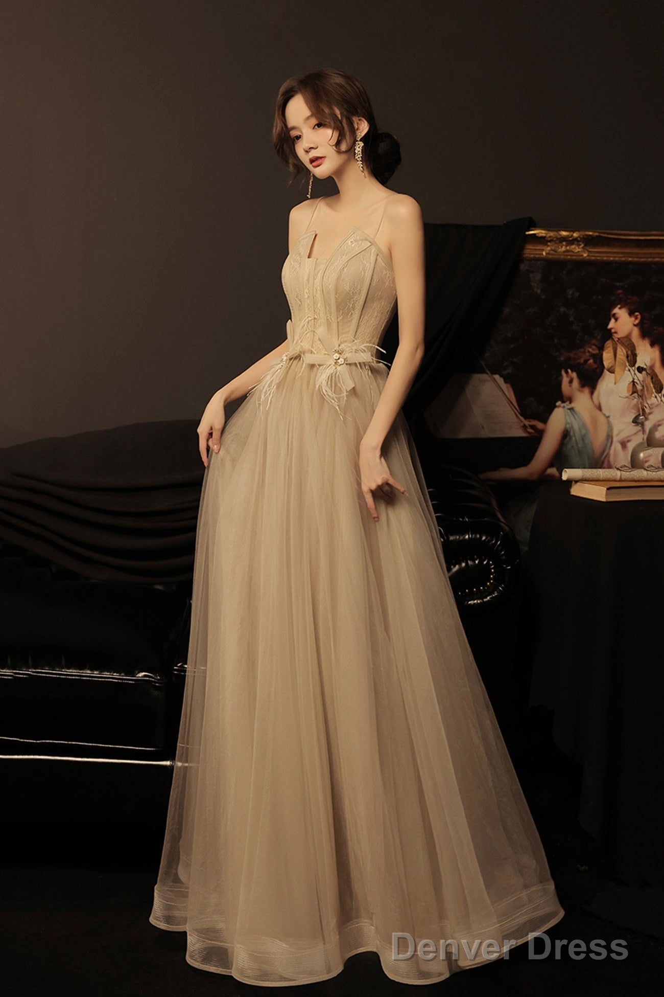 Stylish Tulle Long A-Line Prom Dress, Champagne Strapless Evening Party Dress