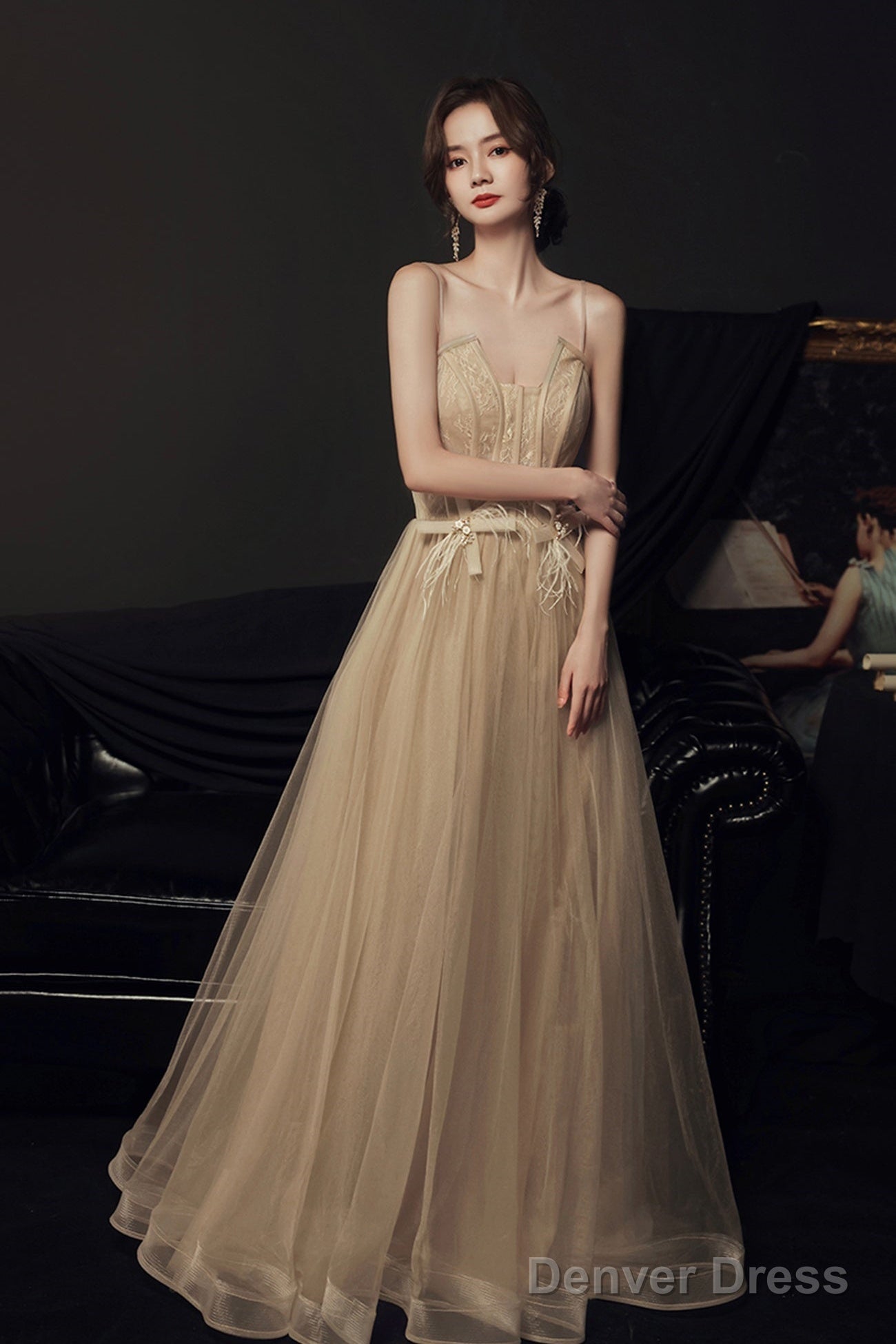 Stylish Tulle Long A-Line Prom Dress, Champagne Strapless Evening Party Dress