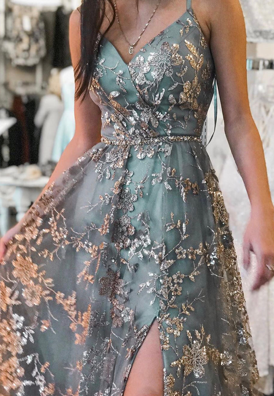 Stylish Tulle Sequins Long Prom Dress, A-Line Prom Graduation Dresses