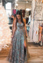 Stylish Tulle Sequins Long Prom Dress, A-Line Prom Graduation Dresses
