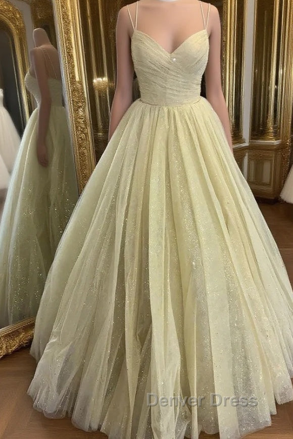 Stylish V Neck Open Back Yellow Prom Dress, Shiny V Neck Yellow Prom Dresses, Sparkly Yellow Ball Gowns Main image