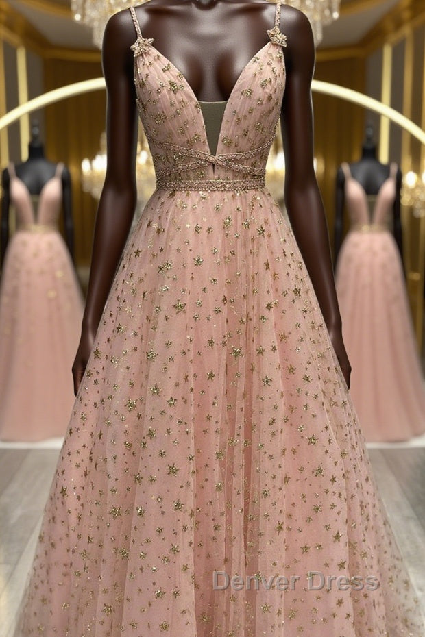 Stylish V Neck Pink Long Prom Dress with Stars Sequins, Long Pink Prom Dresses Main image