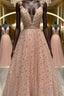 Stylish V Neck Pink Long Prom Dress with Stars Sequins, Long Pink Prom Dresses