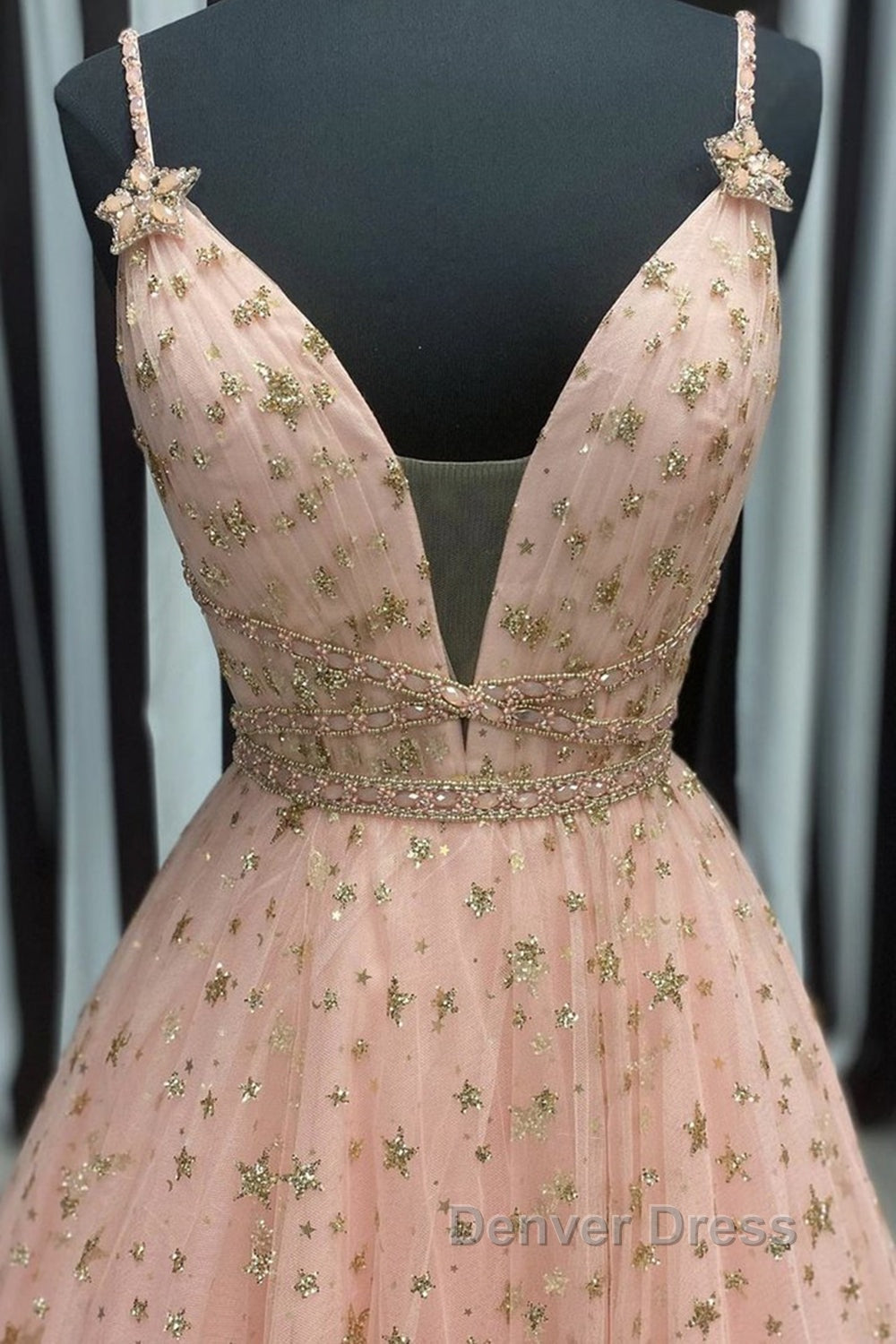 Stylish V Neck Pink Long Prom Dress with Stars Sequins, Long Pink Prom Dresses