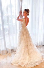 Stylish V Neck Tulle Applique Long Prom Dresses
