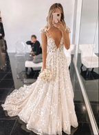 Stylish V Neck Tulle Applique Long Prom Dresses
