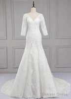 Sweep Train V-Neck 3/4 Sleeves Lace Wedding Dresses