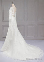 Sweep Train V Neck 3 4 Sleeves Lace Wedding Dresses